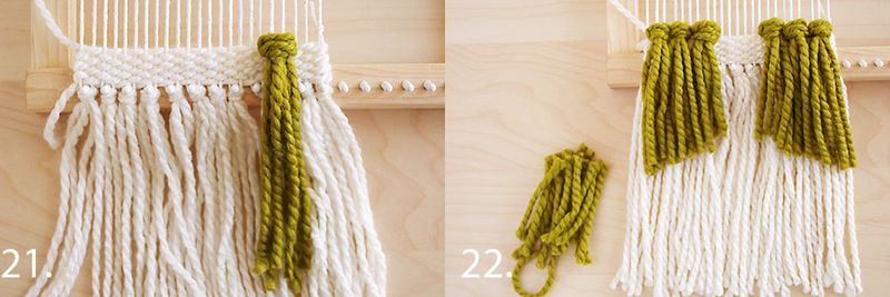 green yarn tied around white string on a loom